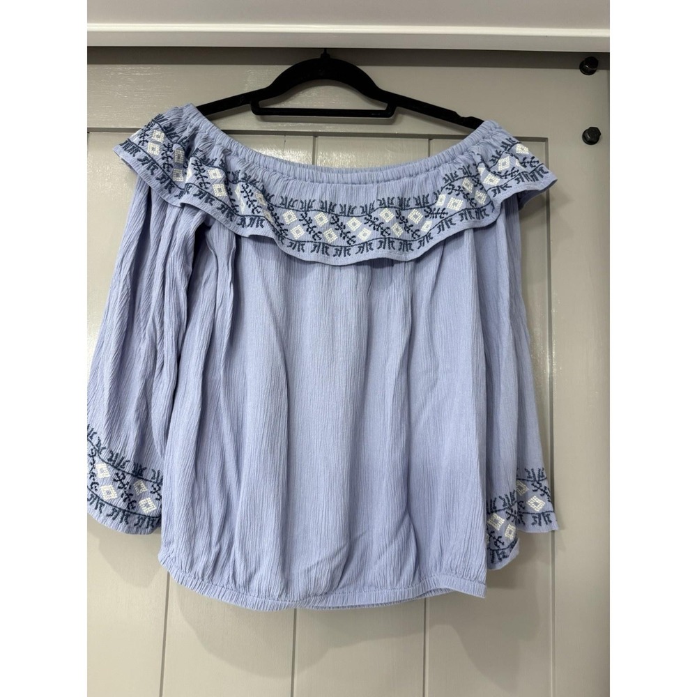 Altar'd State Womens Blue Embroidered Off The Shoulder Boho Blouse Small - Picture 7 of 9